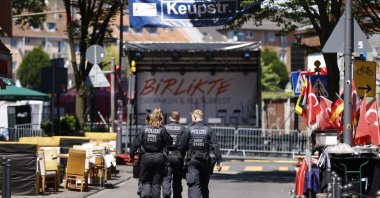 German police officers check the venue of ceremony at Keup Street after a suspicious object alert, Cologne, Germany, June 9, 2024. (İHA Photo)