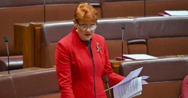 One Nation leader Pauline Hanson speaks in the senate chamber at Parliament House in Canberra, Australia, on Aug. 14, 2024. (Mick Tsikas/AAP Image via AP)
