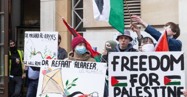 Pro-Palestinian students protest outside the Department for Education, London, U.K., March 22, 2024. (Getty Images)