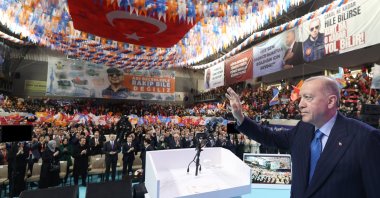 Ruling Justice and Development Party&#039;s (AK Party) Chair President Recep Tayyip Erdoğan speaks at the party&#039;s provincial congress in western Denizli province, Türkiye, Jan. 10, 2024. (AA Photo)