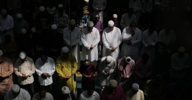 Indian Muslims offer prayers on the first Friday of the holy Islamic month of Ramadan at a mosque in Prayagraj, Uttar Pradesh state, India, March 15, 2024. (AP Photo)