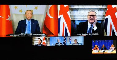 President Recep Tayyip Erdoğan attends a video call with British, Canadian, European leaders and EU officials on the security of Europe, Brussels, Belgium, March 7, 2025. (EPA Photo)