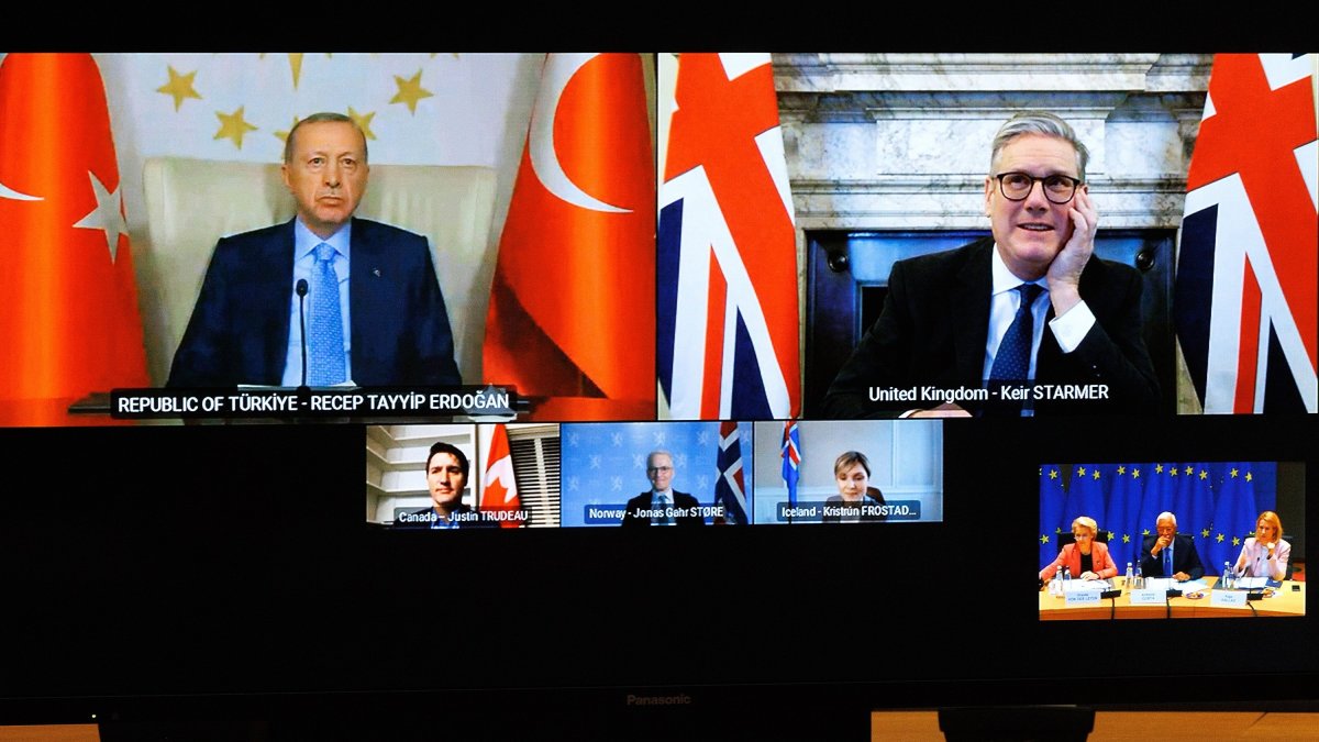 President Recep Tayyip Erdoğan attends a video call with British, Canadian, European leaders and EU officials on the security of Europe, Brussels, Belgium, March 7, 2025. (EPA Photo)