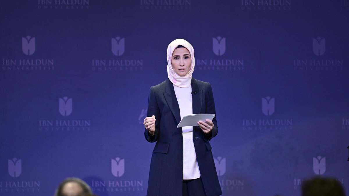 Sümeyye Erdoğan Bayraktar speaks at the “The Right to Believe, the Right to Work: Women&#039;s Religious Freedom in the Workplace” event at Ibn Haldun University, Istanbul, April 17, 2025. (AA Photo)