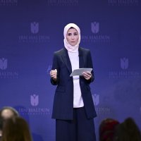Sümeyye Erdoğan Bayraktar speaks at the “The Right to Believe, the Right to Work: Women&#039;s Religious Freedom in the Workplace” event at Ibn Haldun University, Istanbul, April 17, 2025. (AA Photo)