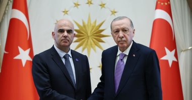 President Recep Tayyip Erdoğan receives Council of Europe’s Secretary General Alain Berset (L) for a meeting at the Presidential Complex, Ankara, Türkiye, April 22, 2025. (AA Photo)