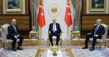 President Recep Tayyip Erdoğan (center), Foreign Minister Hakan Fidan, CoE President Alain Berset attend meeting at the Presidential Complex in Ankara, April 22, 2025. (AA Photo)