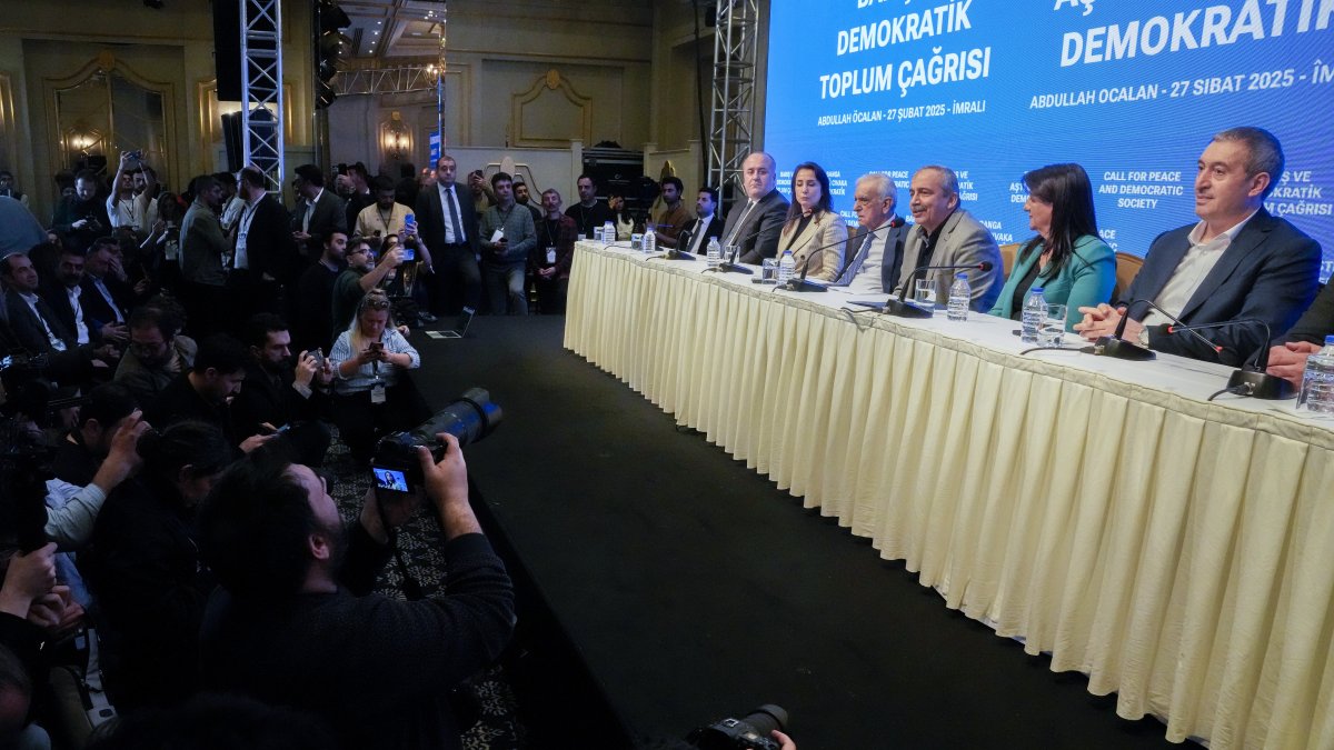 The People&#039;s Equality and Democracy Party (DEM Party) delegation announces the PKK&#039;s jailed leader Abdullah Öcalan&#039;s call for dissolution, Istanbul, Türkiye, Feb. 27, 2025. (AP Photo)