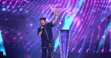 Austrian singer Johannes Pietsch, known as JJ, representing Austria with the song &quot;Wasted Love,&quot; performs after winning the grand final of the Eurovision Song Contest 2025, at the St. Jakobs Halle arena, Basel, Switzerland, May 18, 2025. (AFP Photo)