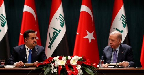 Turkish President Recep Tayyip Erdoğan and Iraq&#039;s Prime Minister Mohammed Shia al-Sudani (L) attend the signing ceremony of memoranda of understanding, in Ankara, Türkiye, May 8, 2025. (Reuters Photo) 