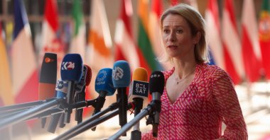 EU High Representative for Foreign Affairs and Security Policy, Kaja Kallas, speaks to the press during a European Foreign Affairs and Defense Ministers Council in Brussels, Belgium, May 20, 2025. (EPA Photo)