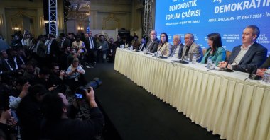 A DEM Party delegation announces the message from PKK terrorist group leader Abdullah Öcalan for dissolution of the group, Istanbul, Türkiye, Feb. 27, 2025. (AP Photo)