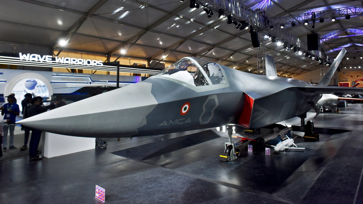 Visitors stand next to a prototype of the Advanced Medium Combat Aircraft (AMCA), India&#039;s most advanced stealth fighter jet, at the &quot;Aero India 2025&quot; air show, Yelahanka air base in Bengaluru, India, Feb. 11, 2025. (Reuters Photo)
