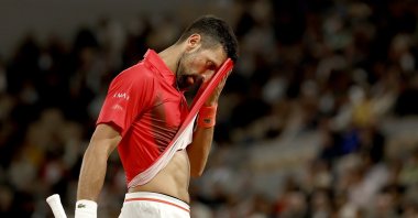Serbia&#039;s Novak Djokovic reacts during his men&#039;s first round match against Mackenzie McDonald of the U.S. at the French Open Grand Slam tennis tournament at Roland Garros, Paris, France, May 27, 2025. (EPA Photo)