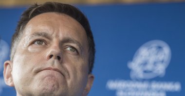 Slovakia&#039;s central bank governor, Peter Kazimir, during a press conference on &quot;Rebuilding Europe after the COVID-19 pandemic,&quot; Bratislava, Slovakia, June 29, 2020. (AP Photo)