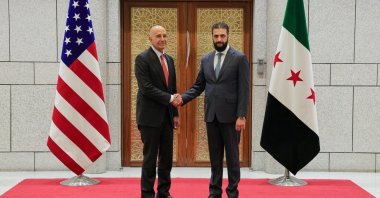 This handout picture released by the official Syrian Arab News Agency (SANA) shows interim President Ahmed al-Sharaa receiving U.S. special envoy for Syria Thomas Barrack in Damascus, May 29, 2025. (AFP Photo) 