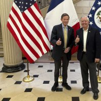 Sen. Richard Blumenthal, D-Conn., left, and Sen. Lindsey Graham, R-S.C thumb up during a news event at the US embassy to France, Paris, France, June 1, 2025. (AP Photo)