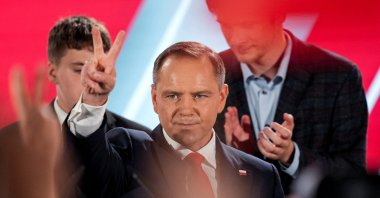 Winner of the Polish presidential polls Karol Nawrocki reacts to the second round exit polls, in Warsaw, Poland, June 1, 2025. (Reuters Photo)