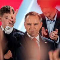 Winner of the Polish presidential polls Karol Nawrocki reacts to the second round exit polls, in Warsaw, Poland, June 1, 2025. (Reuters Photo)