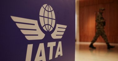 The IATA logo is displayed during the annual International Air Transport Association (IATA) meeting, New Delhi, India, June 2, 2025. (Reuters Photo)