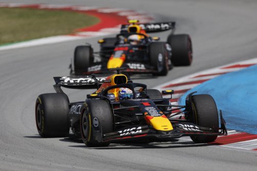 Red Bull&#039;s Max Verstappen and Red Bull&#039;s Yuki Tsunoda in action during the Spanish Grand Prix race at the Circuit de Barcelona, Catalunya, Barcelona, Spain, June 1, 2025. (Reuters Photo)