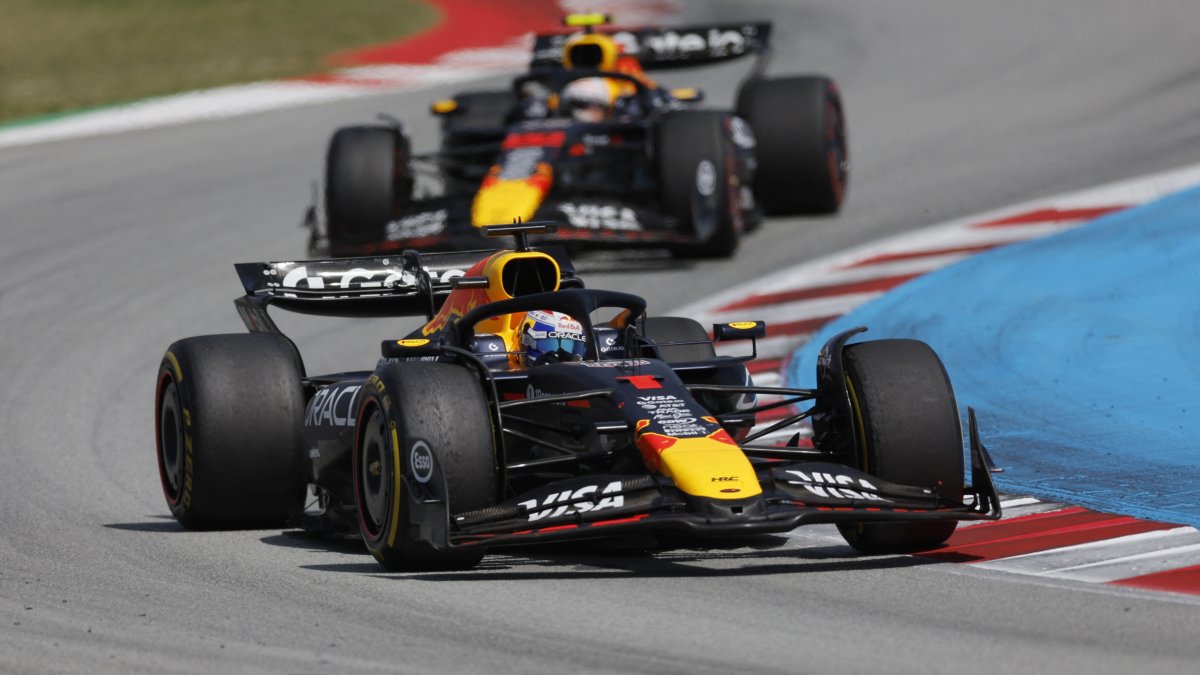 Red Bull&#039;s Max Verstappen and Red Bull&#039;s Yuki Tsunoda in action during the Spanish Grand Prix race at the Circuit de Barcelona, Catalunya, Barcelona, Spain, June 1, 2025. (Reuters Photo)