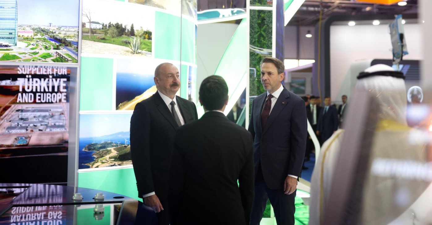 Energy and Natural Resources Minister Alparslan Bayraktar (R) and Azerbaijan&#039;s President Ilham Aliyev (L) meet on the sidelines of the Baku Energy Week, Baku, Azerbaijan, June 2, 2025. (AA Photo)