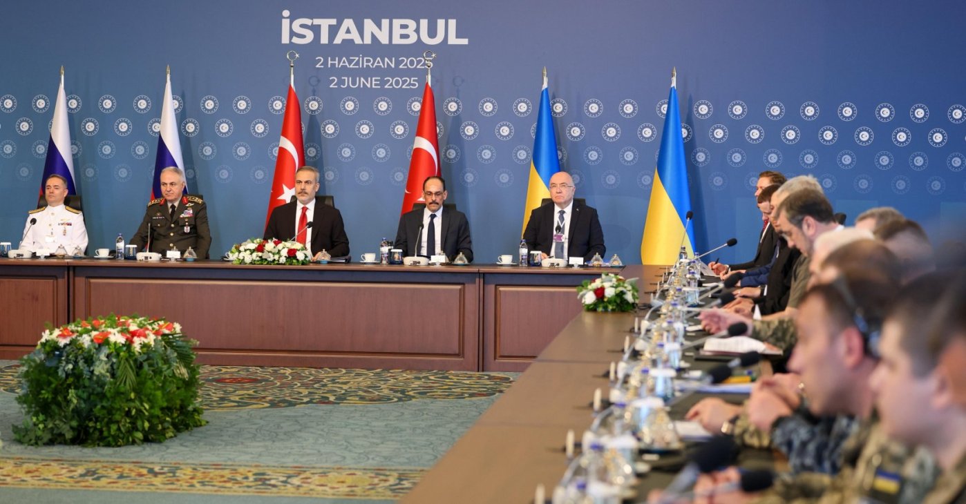 A handout photo made available by the Foreign Ministry&#039;s Press Office shows Foreign Minister Hakan Fidan presiding over the second round of peace talks between Ukraine and Russia, in Istanbul, June 2, 2025. (EPA Photo)