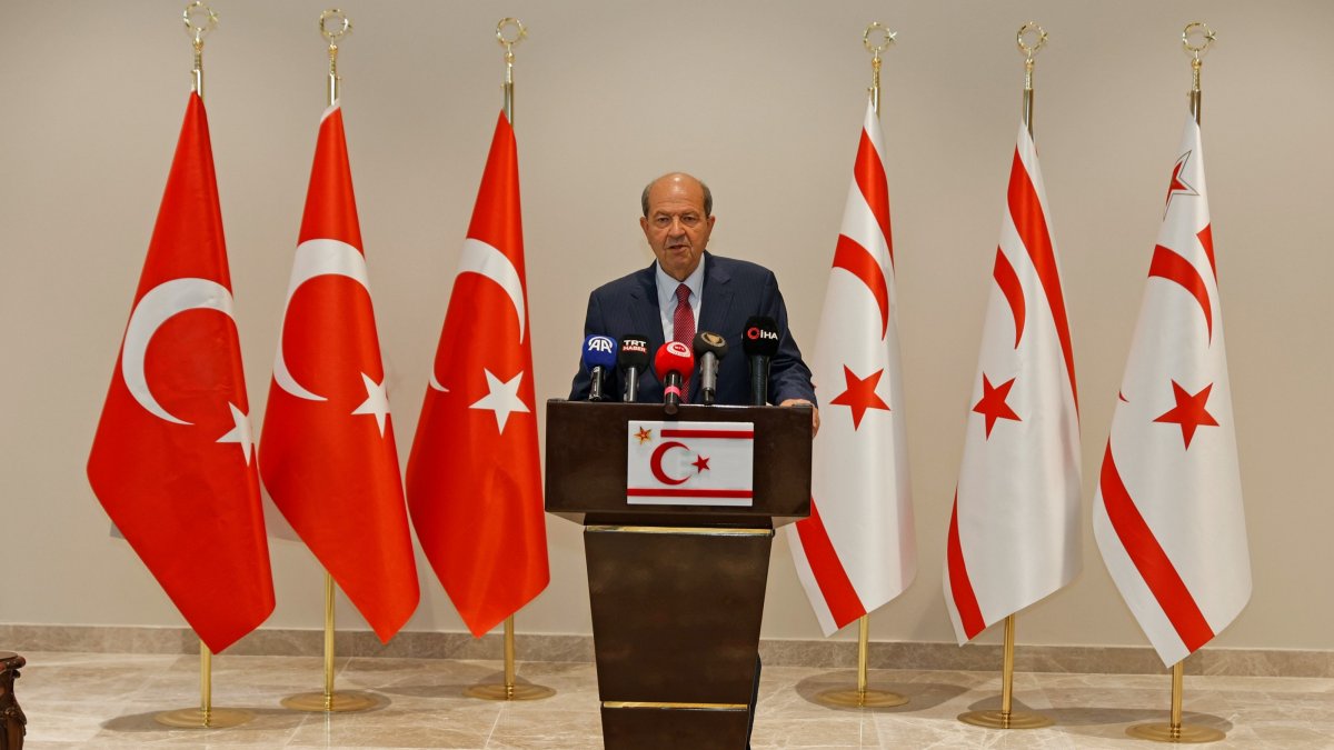 TRNC President Ersin Tatar speaks to reporters in Lefkoşa, May 29, 2025. (AA File Photo)